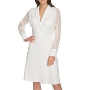 Calvin Klein V Neck Sheer Long Sleeve A Line Knee Length Dress White 8